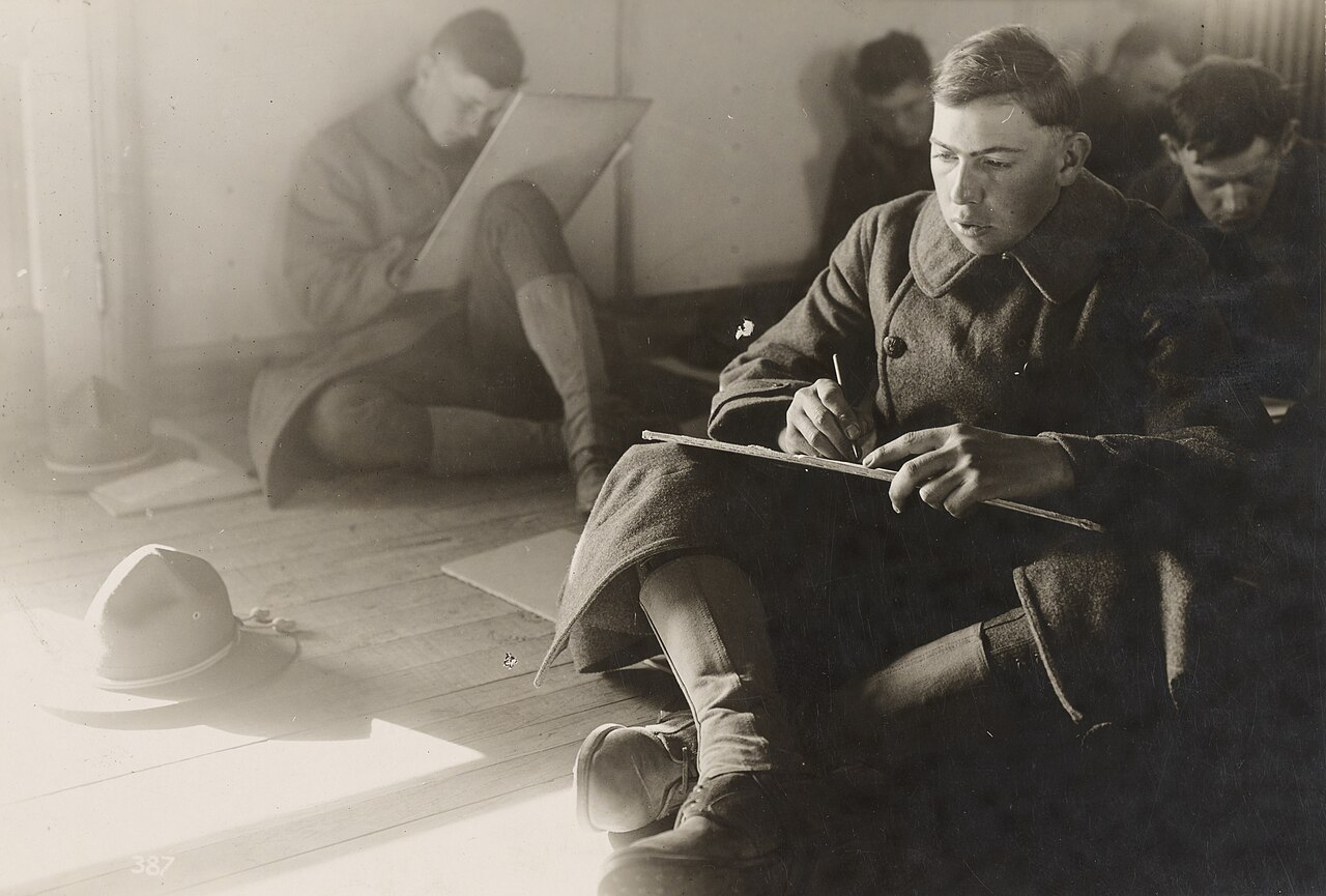Amerikansk soldiers tagande en tidig gruppa intelligens test i 1917